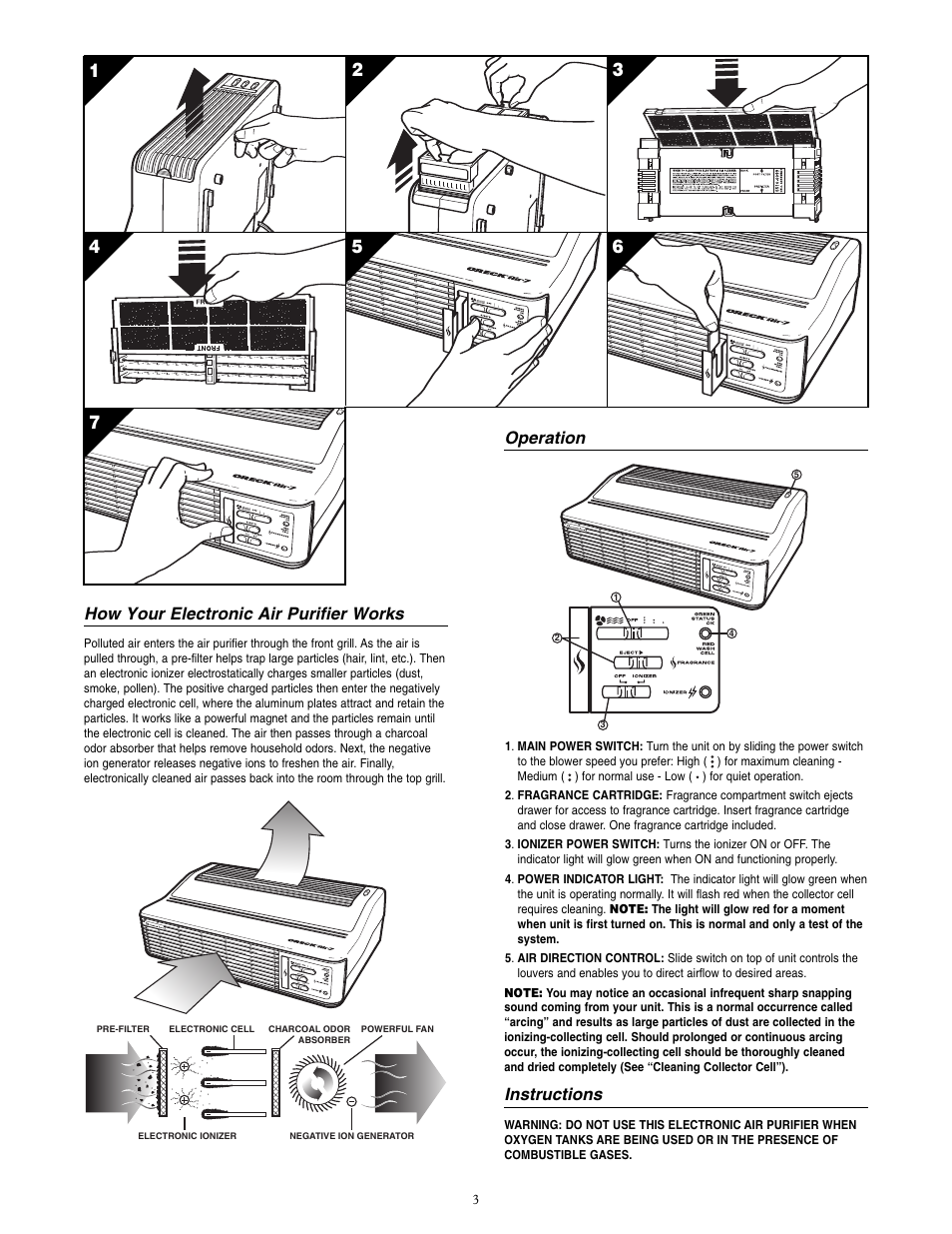 Operation, Instructions, How your electronic air purifier works | Oreck AIR7 User Manual | Page 3 / 4