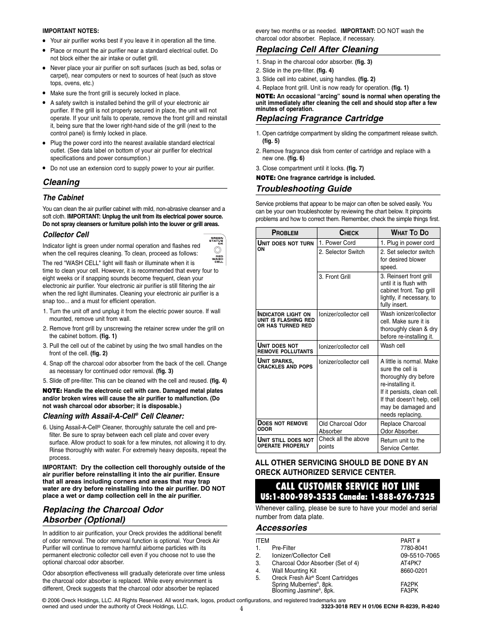 Call customer service hot line, Accessories, Cleaning | Replacing the charcoal odor absorber (optional), Replacing cell after cleaning, Replacing fragrance cartridge, Troubleshooting guide | Oreck AIR7 User Manual | Page 4 / 4