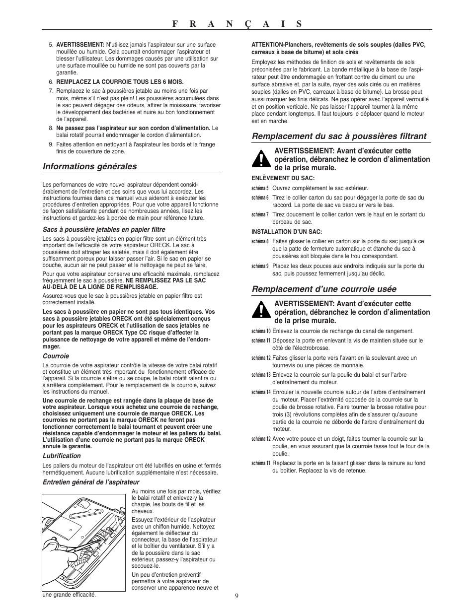 Remplacement du sac à poussières filtrant, Remplacement d’une courroie usée, Informations générales | Oreck XL2310RS User Manual | Page 10 / 16