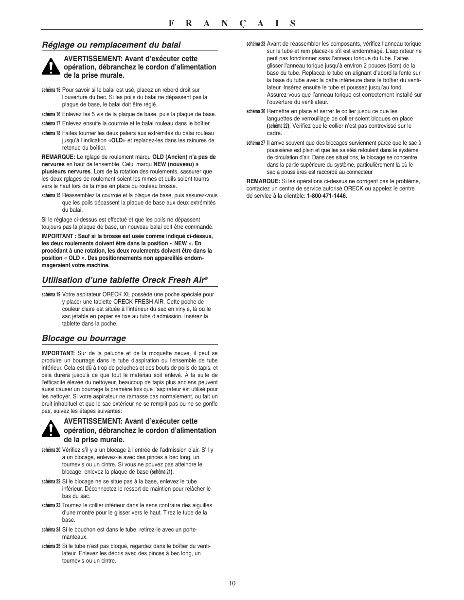 Réglage ou remplacement du balai, Utilisation d’une tablette oreck fresh air, Blocage ou bourrage | Oreck XL2310RS User Manual | Page 11 / 16