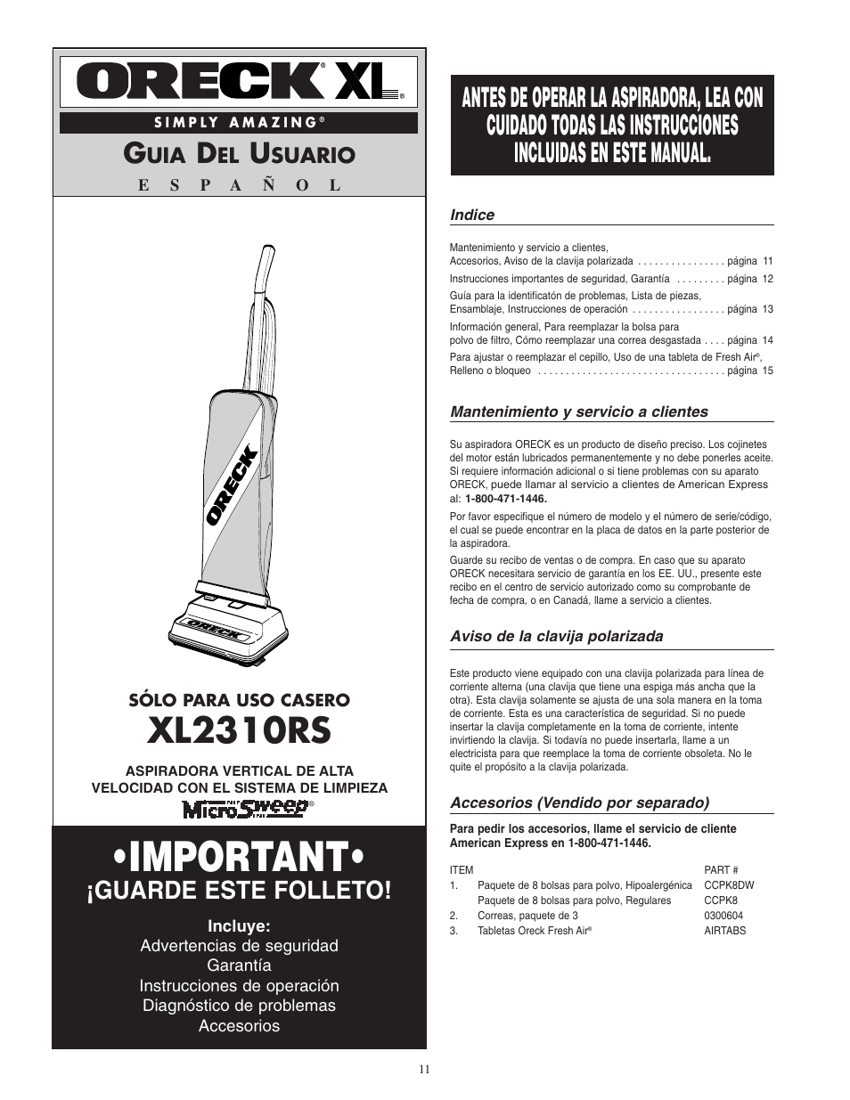 Important, Xl2310rs, Guarde este folleto | Suario | Oreck XL2310RS User Manual | Page 12 / 16