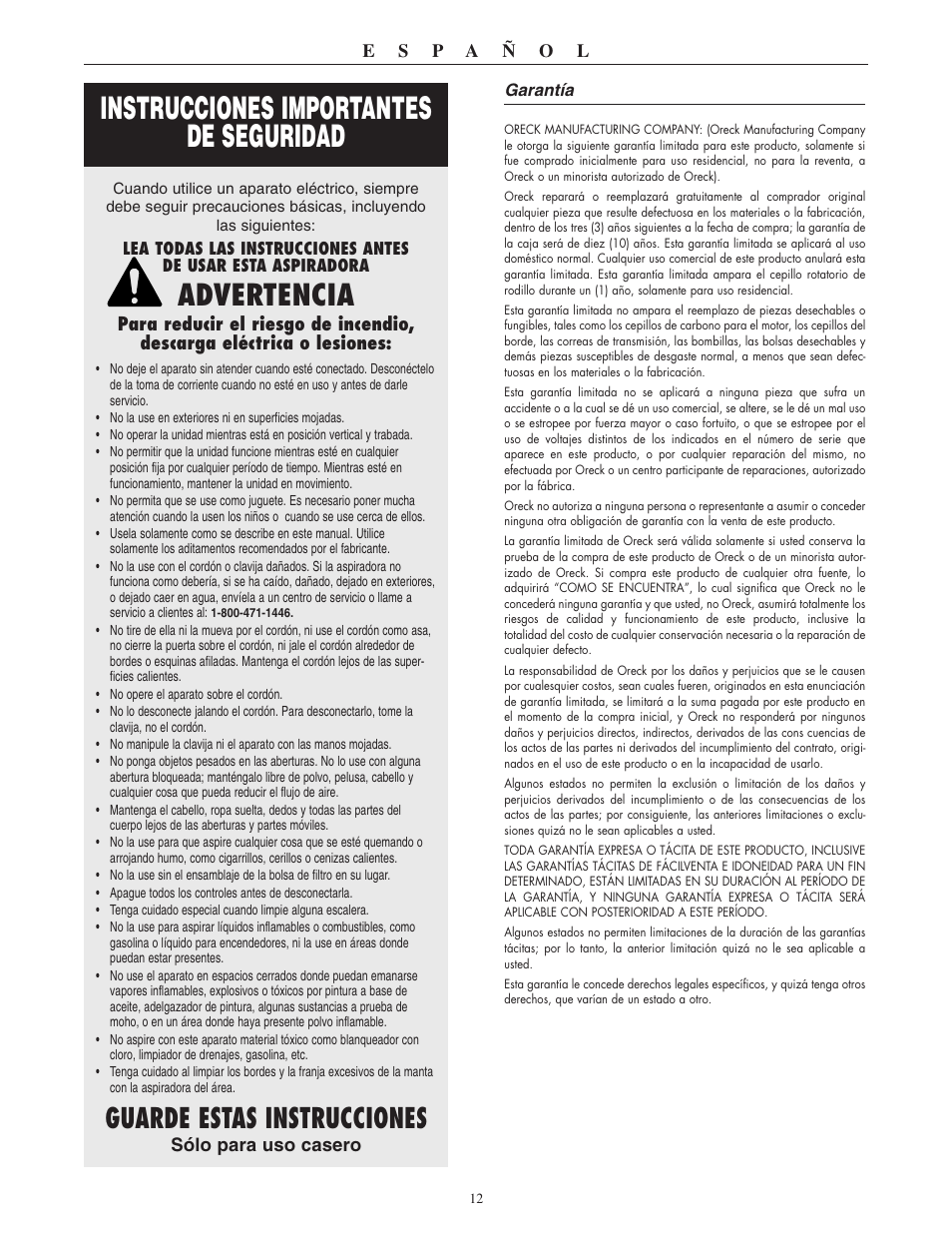 Instrucciones importantes de seguridad, Advertencia, Guarde estas instrucciones | Oreck XL2310RS User Manual | Page 13 / 16