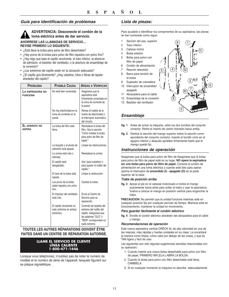 Guía para identificación de problemas, Lista de piezas, Ensamblaje | Instrucciones de operación | Oreck XL2310RS User Manual | Page 14 / 16