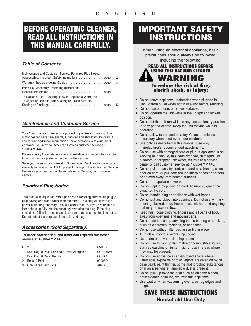Important safety instructions, Warning, Save these instructions | Oreck XL2310RS User Manual | Page 3 / 16