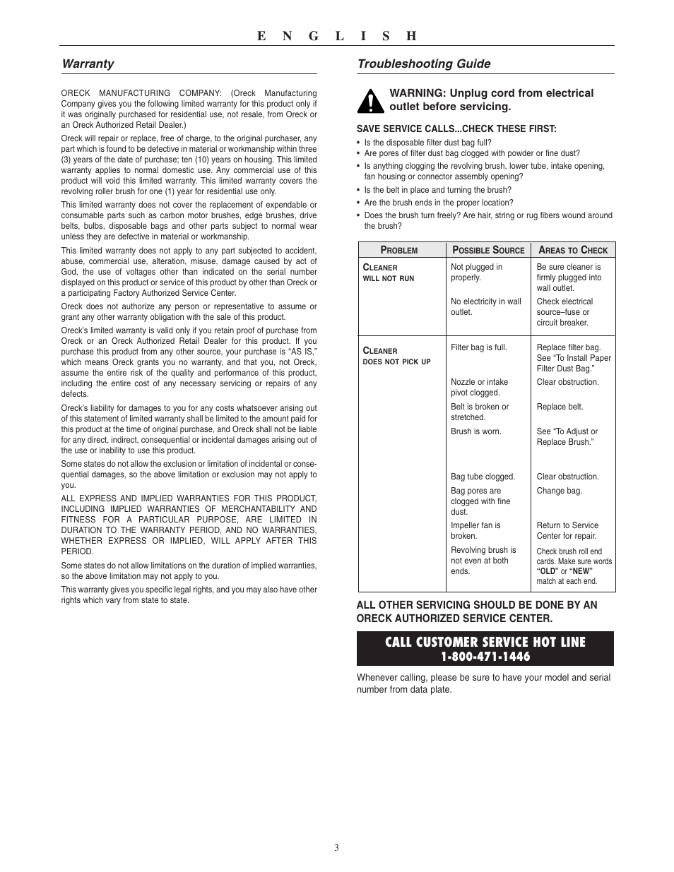 Call customer service hot line, Warranty, Troubleshooting guide | Oreck XL2310RS User Manual | Page 4 / 16