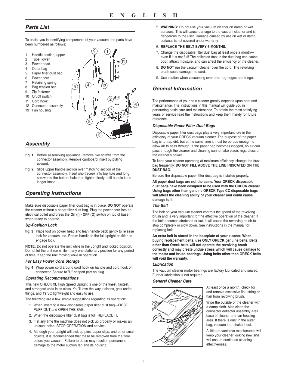 Parts list, Assembly, Operating instructions | General information | Oreck XL2310RS User Manual | Page 5 / 16