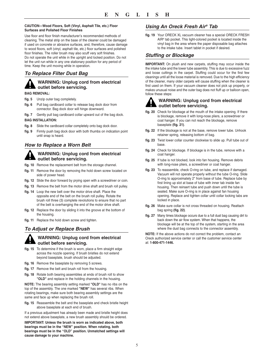 How to replace a worn belt, Using an oreck fresh air, Stuffing or blockage | Oreck XL2310RS User Manual | Page 6 / 16