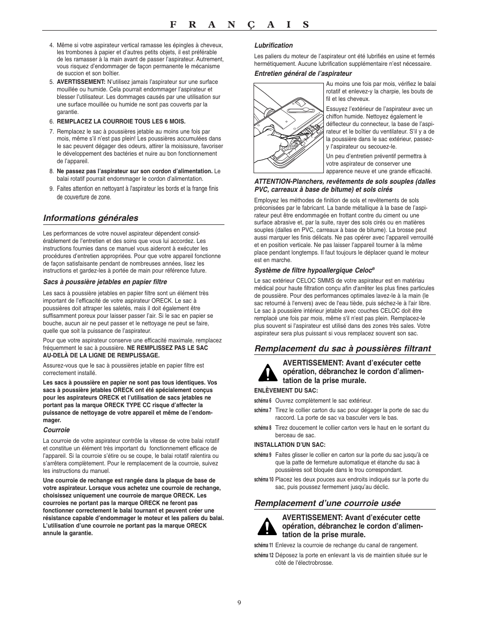 Informations générales, Remplacement du sac à poussières filtrant, Remplacement d’une courroie usée | Oreck SIMPLY AMAZING U4080H2 User Manual | Page 10 / 16