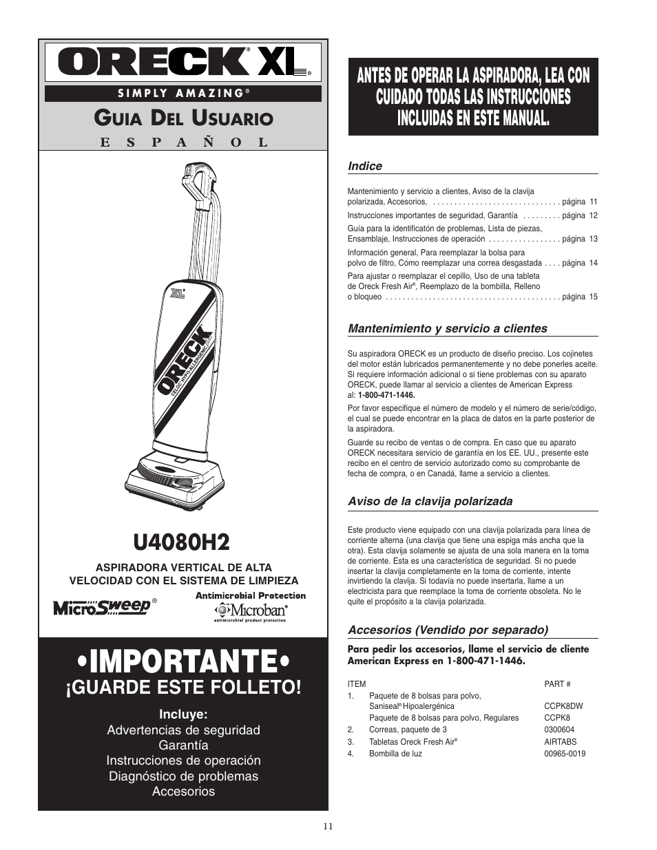 Importante, Guarde este folleto, Suario | Oreck SIMPLY AMAZING U4080H2 User Manual | Page 12 / 16