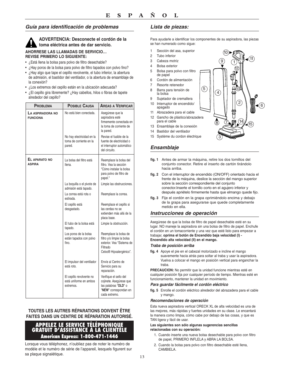 Guía para identificación de problemas, Lista de piezas, Ensamblaje | Instrucciones de operación | Oreck SIMPLY AMAZING U4080H2 User Manual | Page 14 / 16