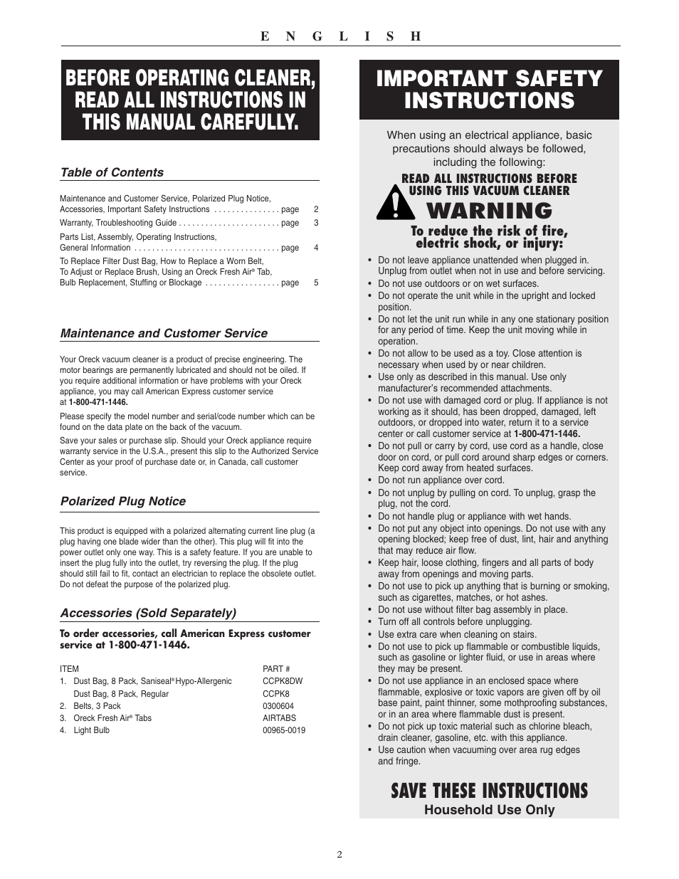 Important safety instructions, Warning, Save these instructions | Oreck SIMPLY AMAZING U4080H2 User Manual | Page 3 / 16