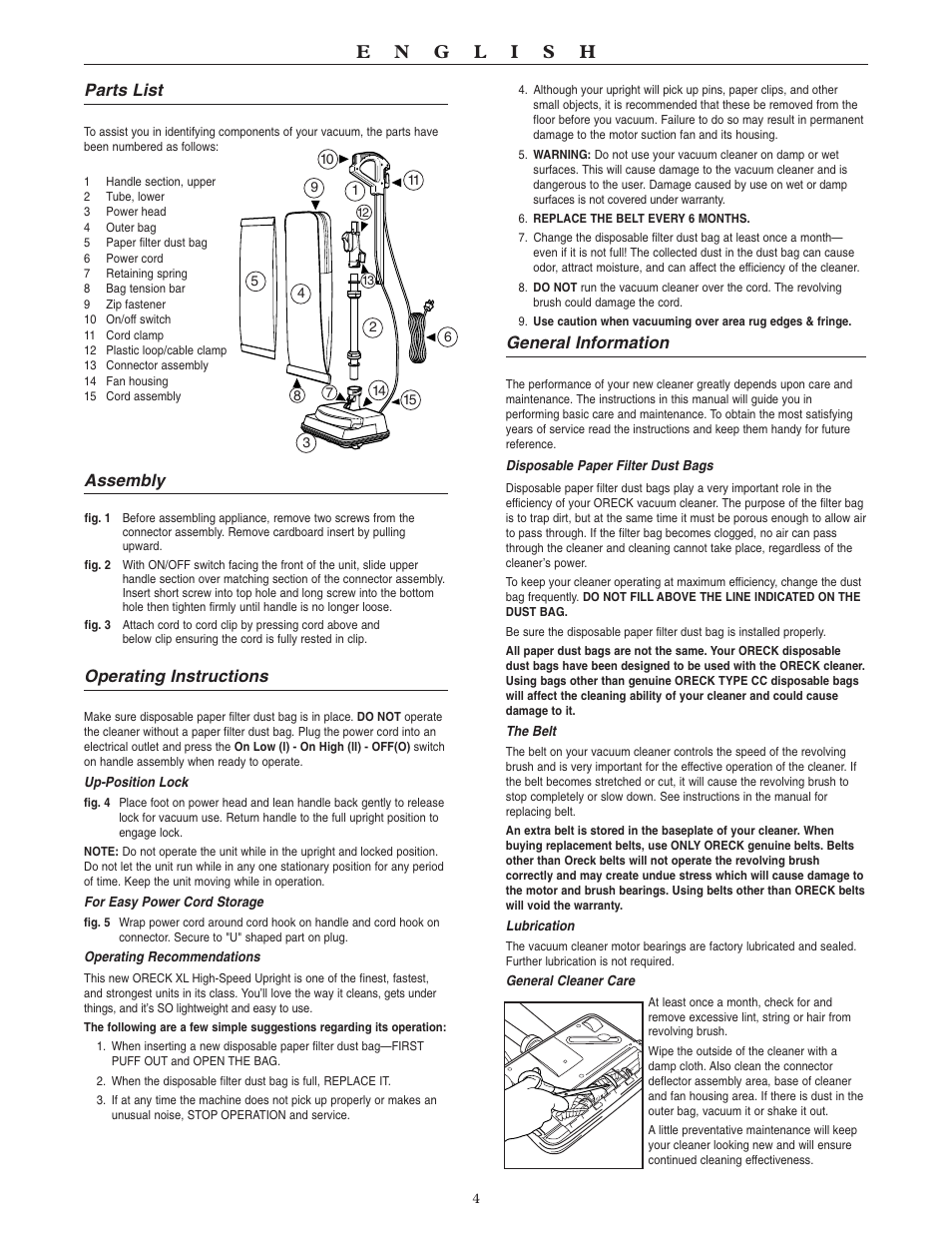 General information, Parts list, Assembly | Operating instructions | Oreck SIMPLY AMAZING U4080H2 User Manual | Page 5 / 16