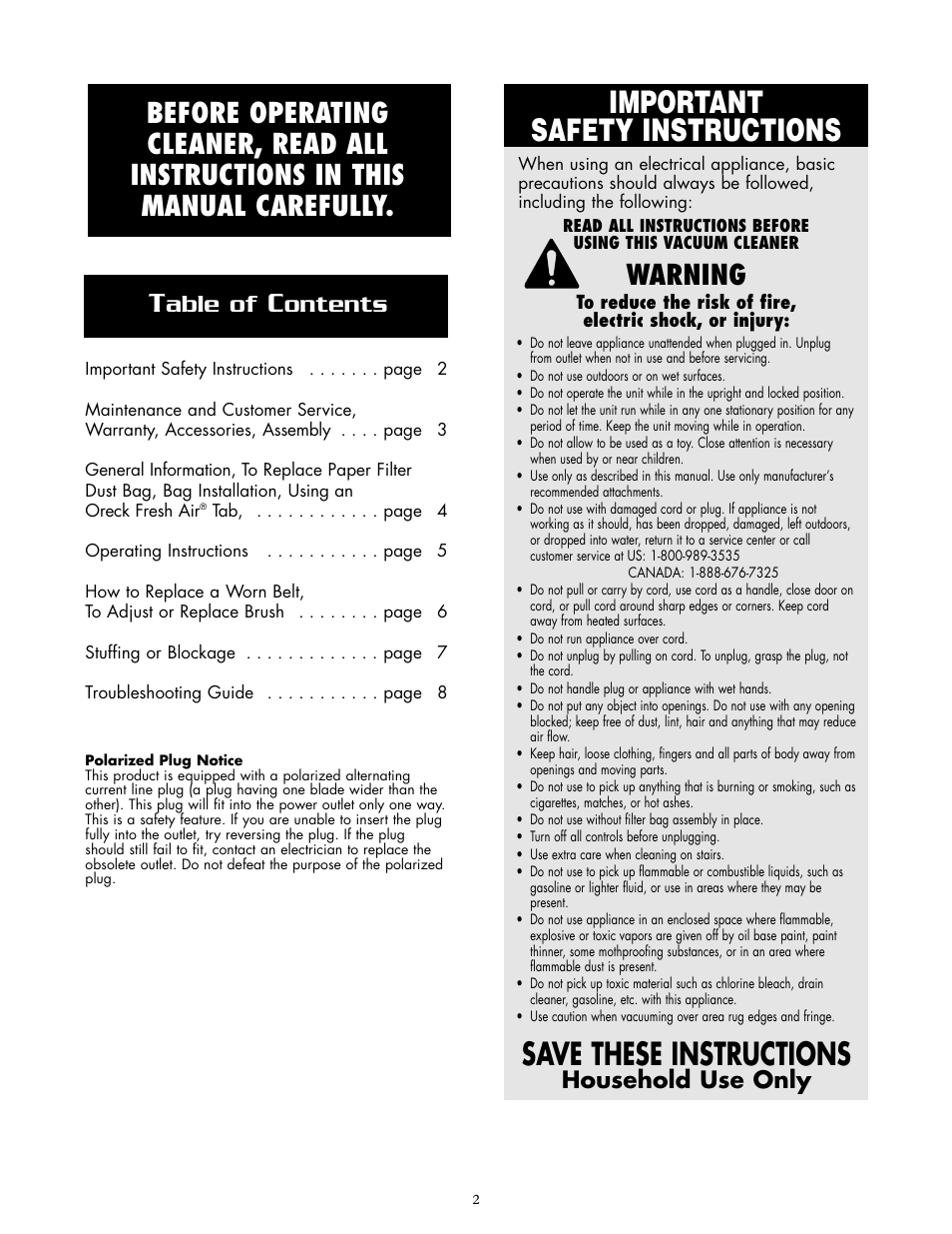 Important safety instructions, Save these instructions, Warning | Able of, Ontents, Household use only | Oreck XL2400RS User Manual | Page 2 / 8