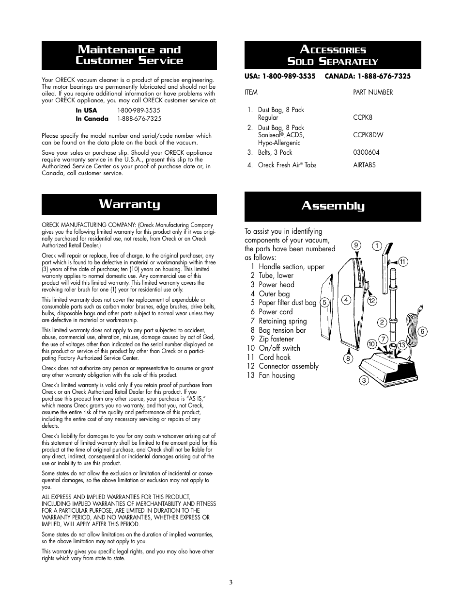 Ssembly, Arranty, Aintenance and | Ustomer, Ervice | Oreck XL2400RS User Manual | Page 3 / 8