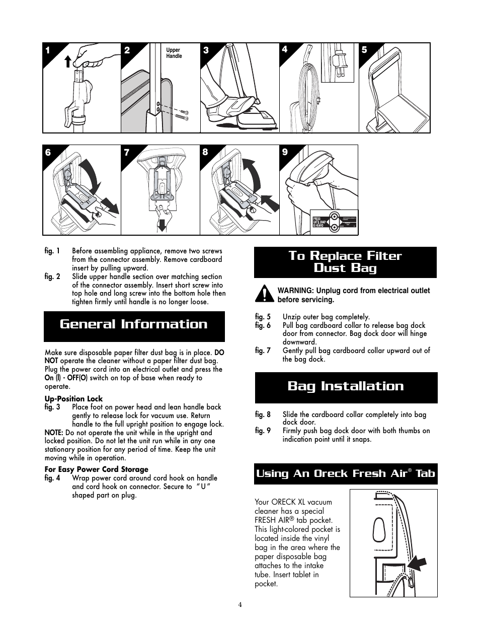 General information t, Bag installation, Eplace | Ilter, Using an oreck fresh air | Oreck XL2400RS User Manual | Page 4 / 8