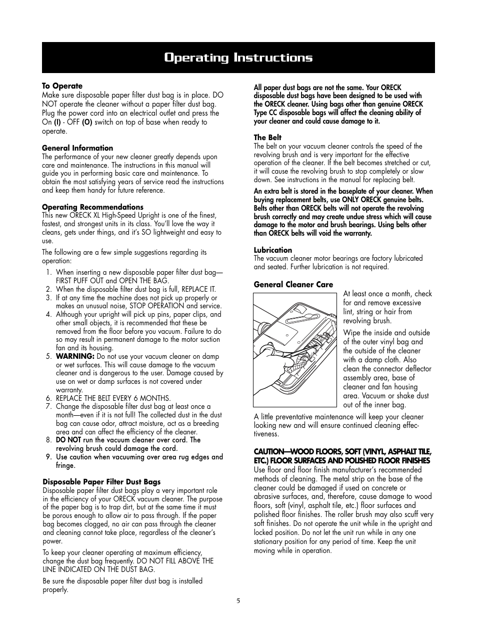 Perating, Nstructions | Oreck XL2400RS User Manual | Page 5 / 8