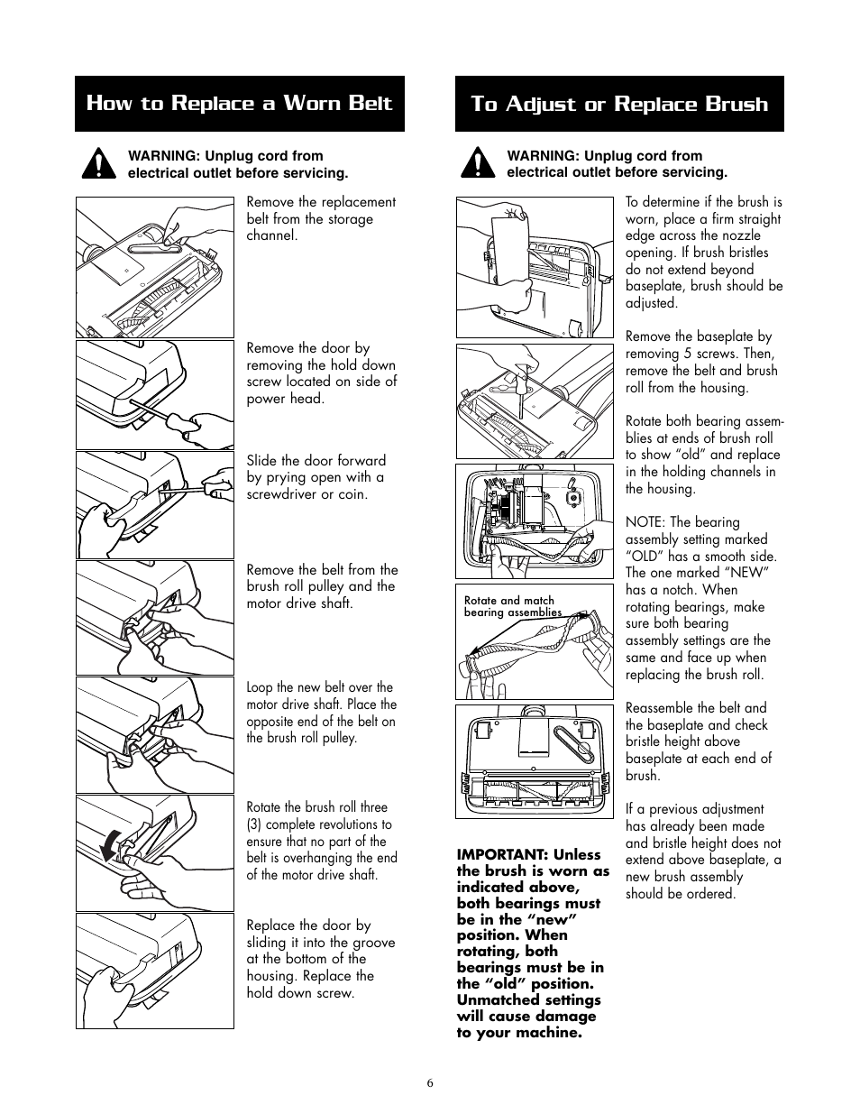 Ow to, Eplace a, Djust or | Eplace, Rush | Oreck XL2400RS User Manual | Page 6 / 8