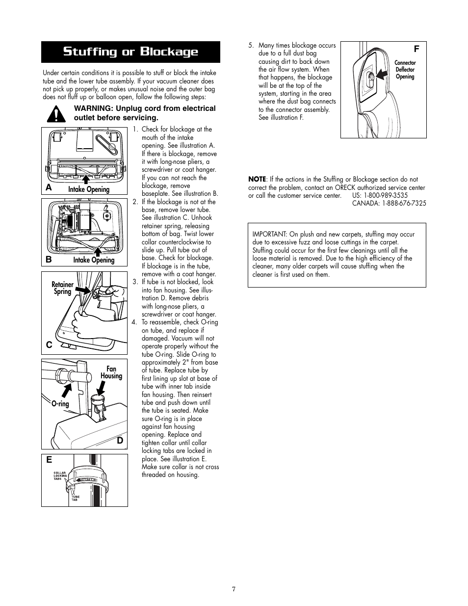 Tuffing or, Lockage | Oreck XL2400RS User Manual | Page 7 / 8