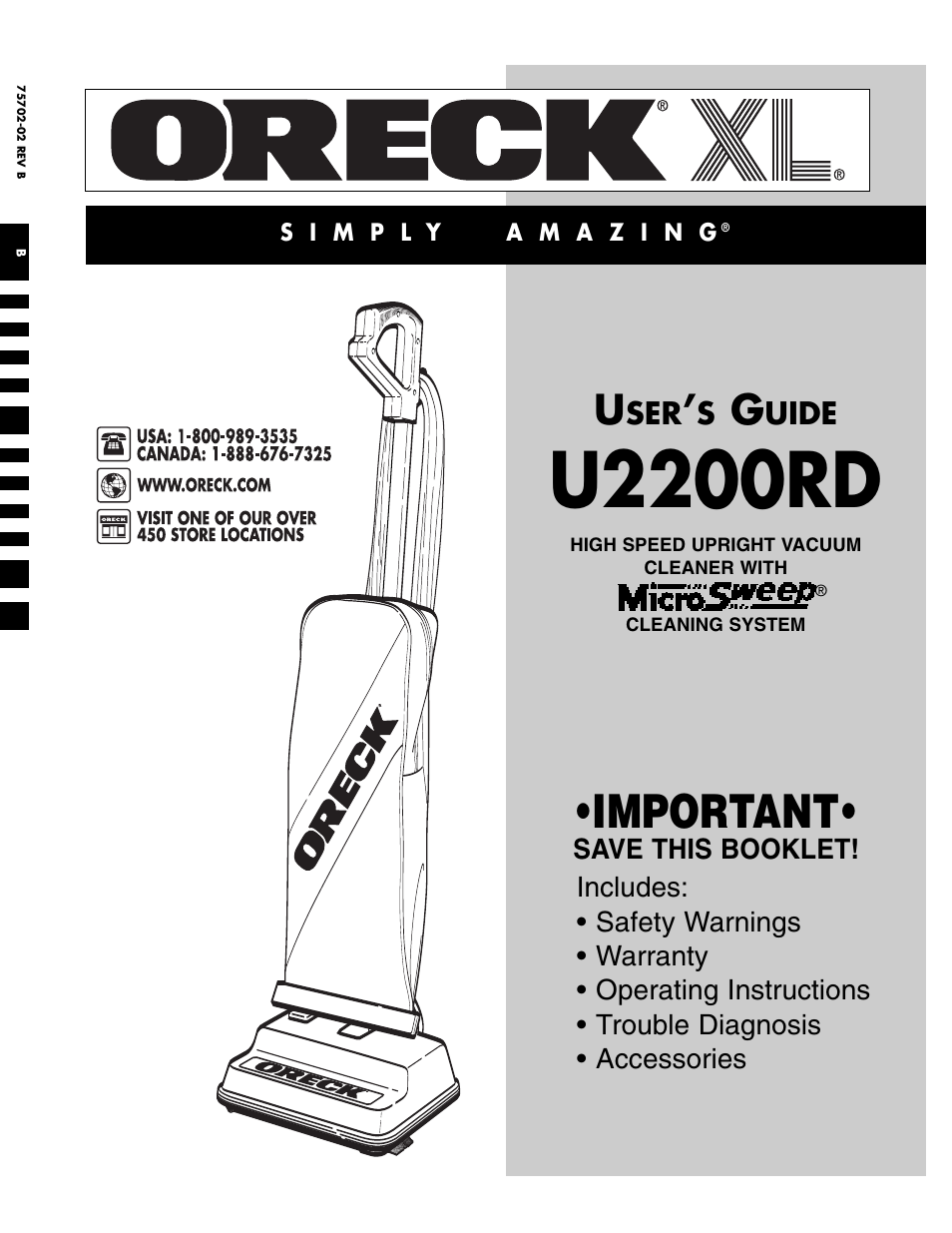Oreck U2200RD User Manual | 8 pages