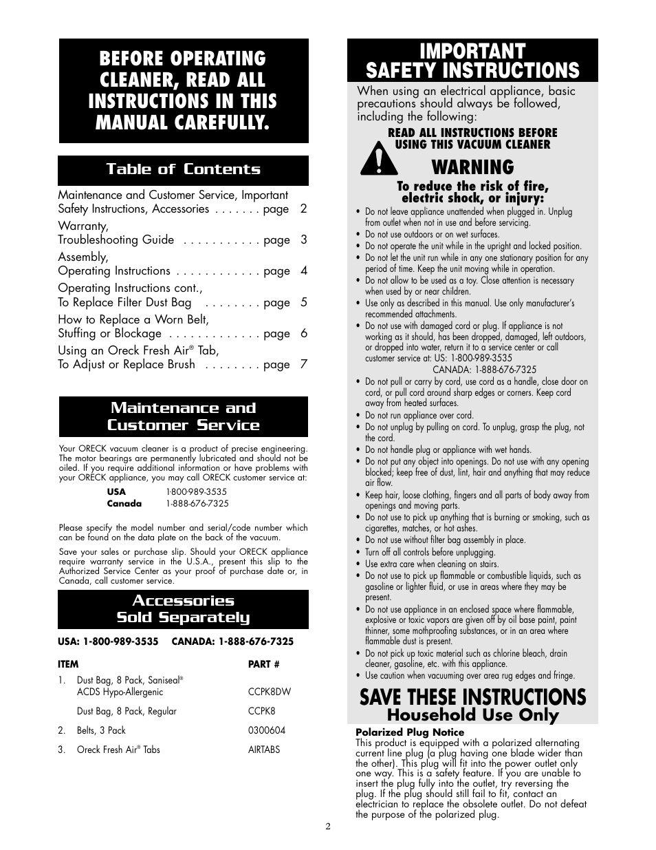 Important safety instructions, Save these instructions, Warning | Able of, Ontents, Aintenance and, Ustomer, Ervice, Ccessories sold separately, Household use only | Oreck U2200RD User Manual | Page 2 / 8
