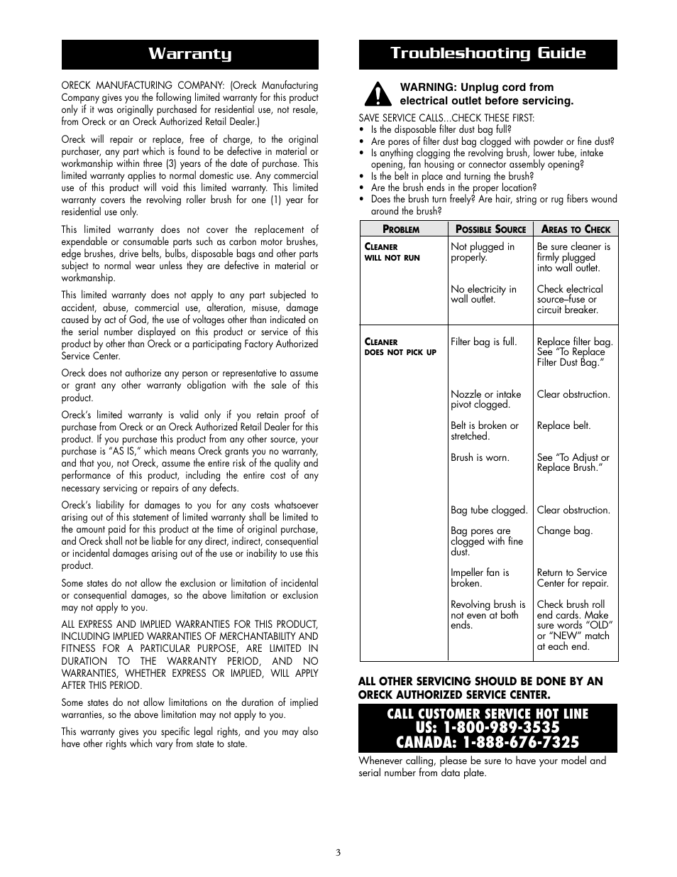 Arranty, Roubleshooting, Uide | Oreck U2200RD User Manual | Page 3 / 8