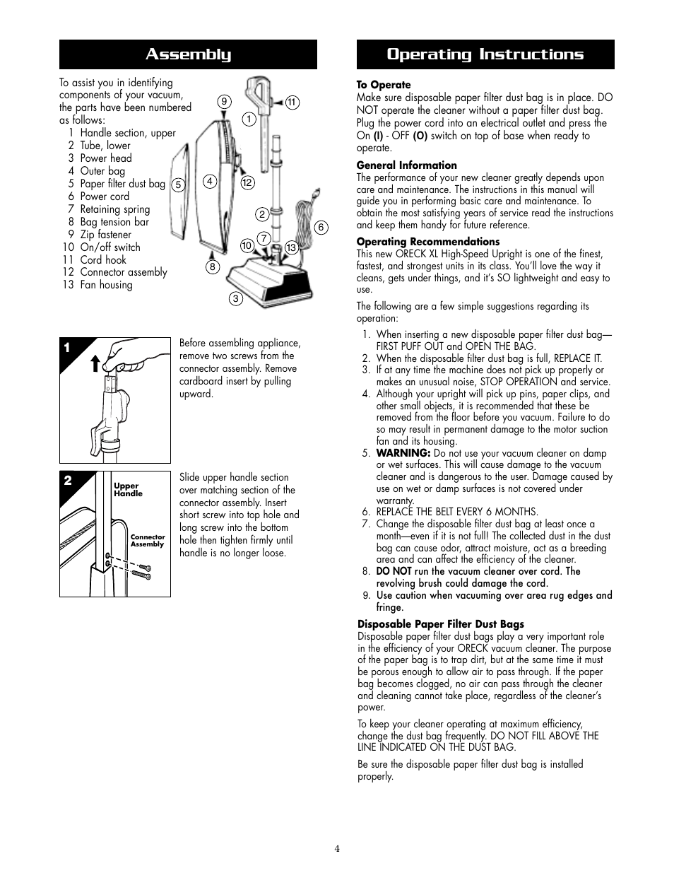 Perating, Nstructions, Ssembly | Oreck U2200RD User Manual | Page 4 / 8