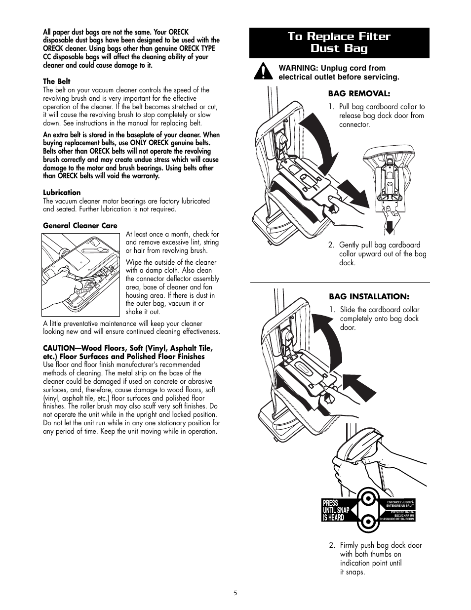 Eplace, Ilter | Oreck U2200RD User Manual | Page 5 / 8