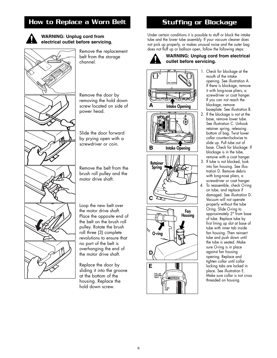 Tuffing or, Lockage, Ow to | Eplace a | Oreck U2200RD User Manual | Page 6 / 8