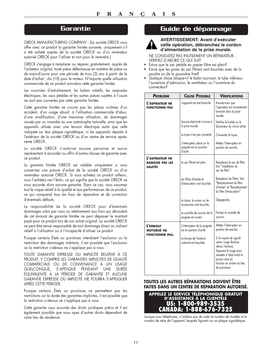 Arantie, Uide de dépannage | Oreck DTX User Manual | Page 11 / 24