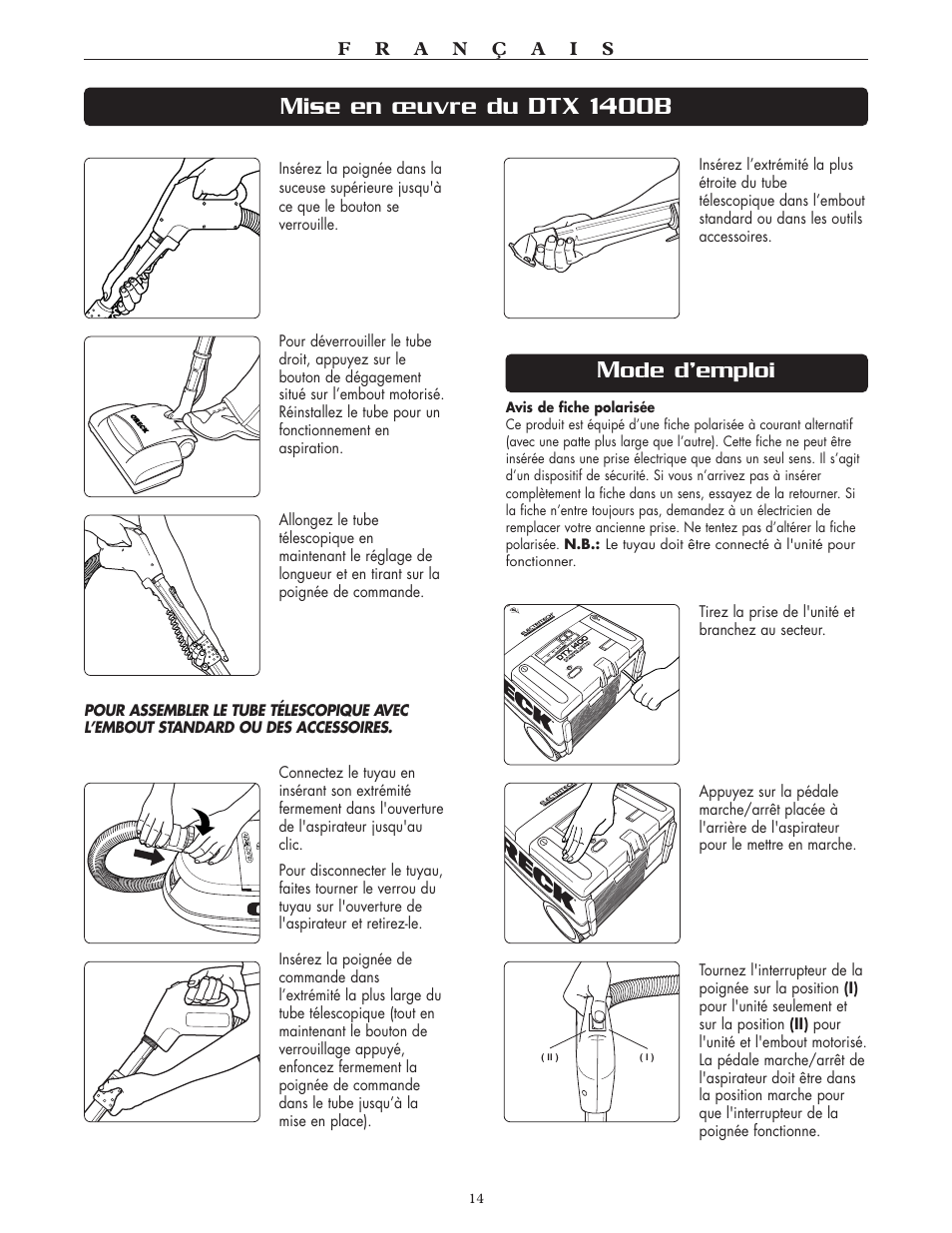 Mise en œuvre du dtx 1400b, Ode d’emploi | Oreck DTX User Manual | Page 14 / 24
