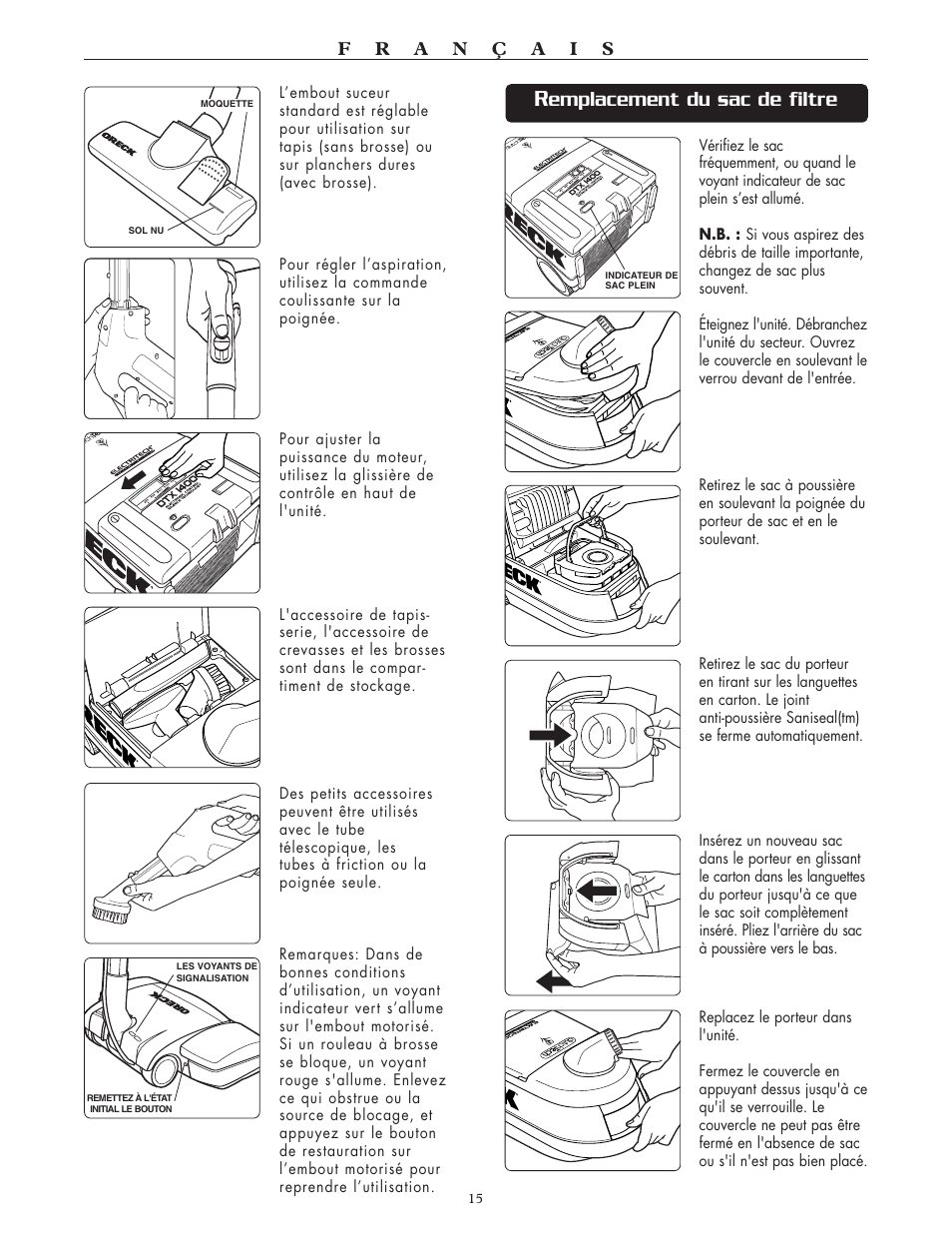 Emplacement du sac de filtre | Oreck DTX User Manual | Page 15 / 24
