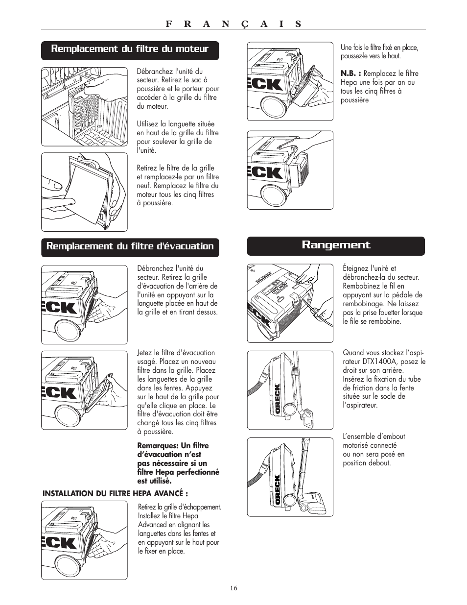 Angement, Emplacement du filtre du moteur, Emplacement du filtre d'évacuation | Oreck DTX User Manual | Page 16 / 24