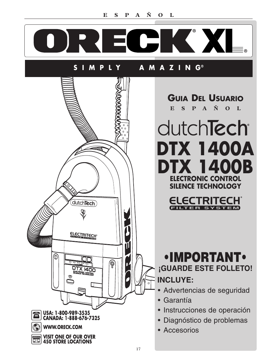 Important, Guarde este folleto! incluye | Oreck DTX User Manual | Page 17 / 24