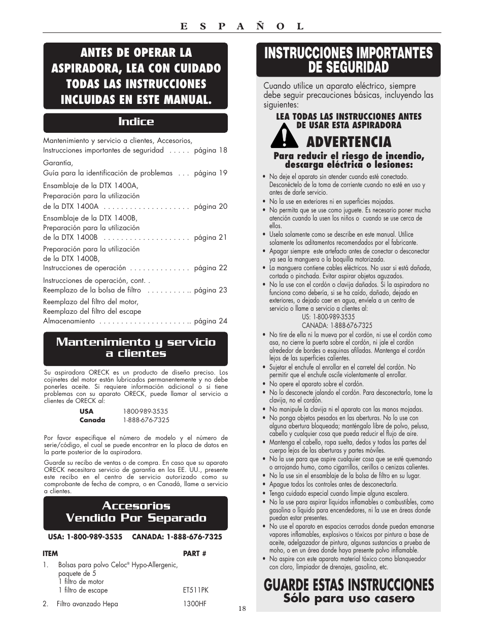 Advertencia, Antenimiento y servicio a clientes, Sólo para uso casero | Ccesorios, Endido, Eparado | Oreck DTX User Manual | Page 18 / 24