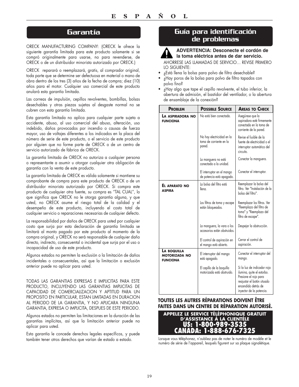 Arantía, Uía para identificación de problemas | Oreck DTX User Manual | Page 19 / 24