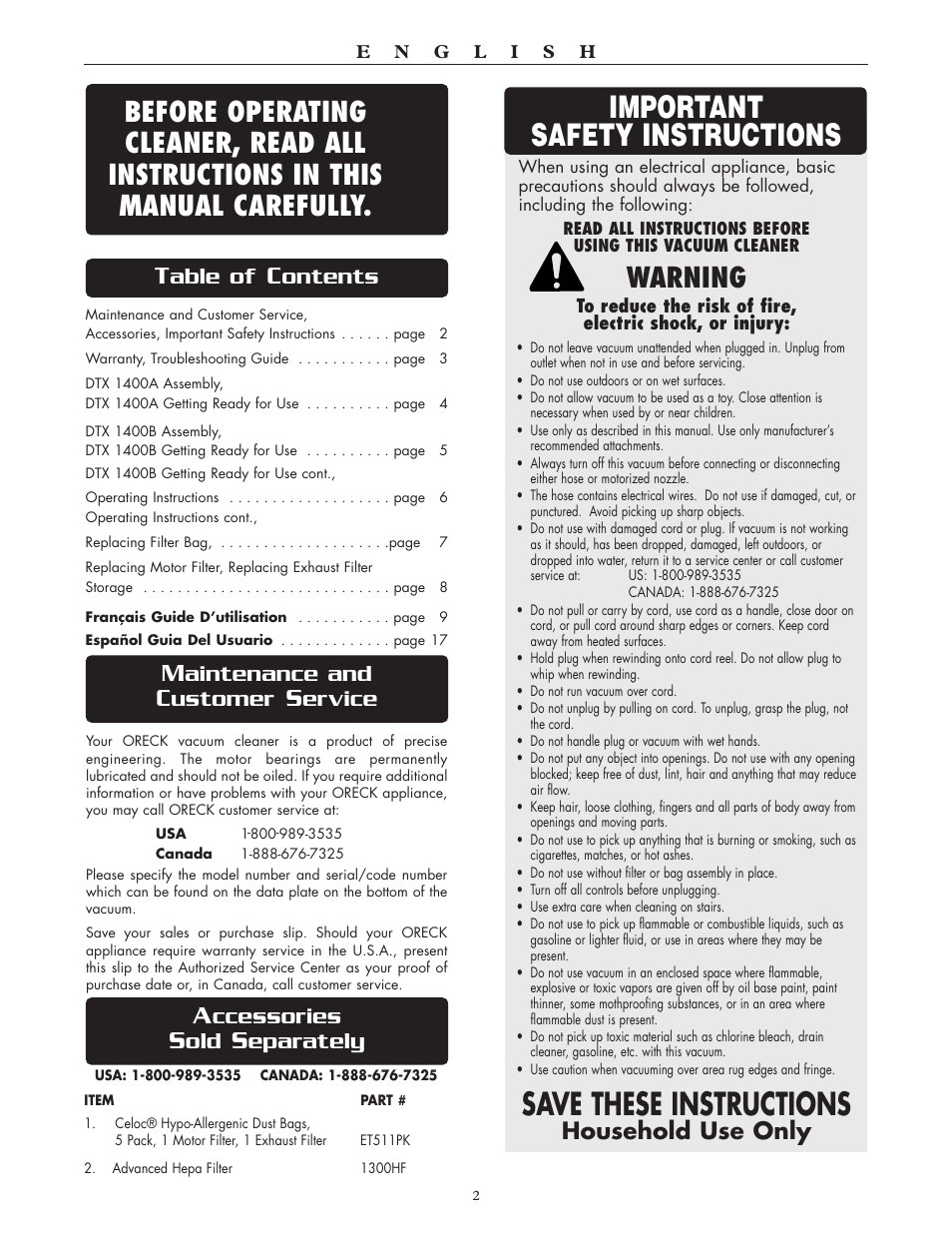 Save these instructions, Important safety instructions, Warning | Aintenance and, Ustomer, Ervice, Able of, Ontents, Household use only, Ccessories | Oreck DTX User Manual | Page 2 / 24