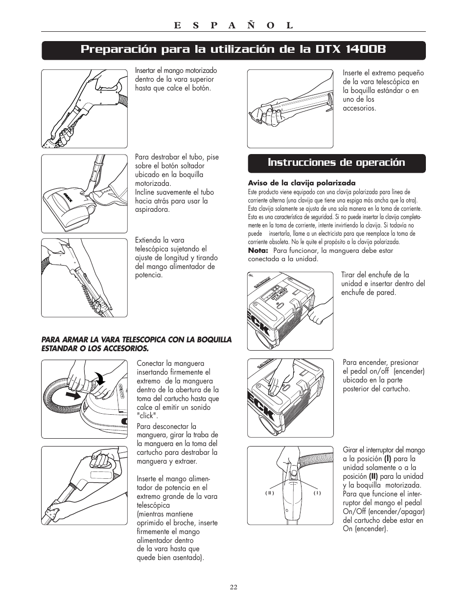 Preparación para la utilización de la dtx 1400b i, Nstrucciones de operación | Oreck DTX User Manual | Page 22 / 24