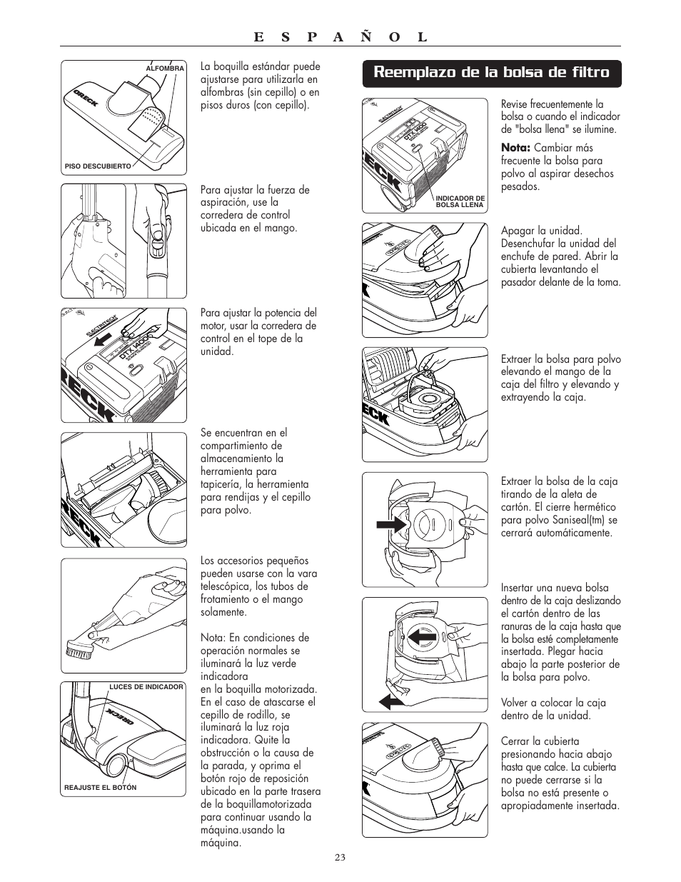 Eemplazo de la bolsa de filtro | Oreck DTX User Manual | Page 23 / 24