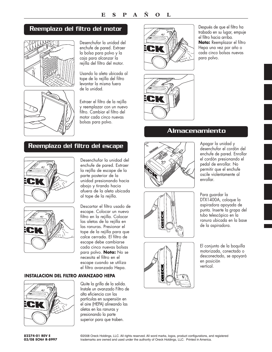 Lmacenamiento, Eemplazo del filtro del motor, Eemplazo del filtro del escape | Oreck DTX User Manual | Page 24 / 24