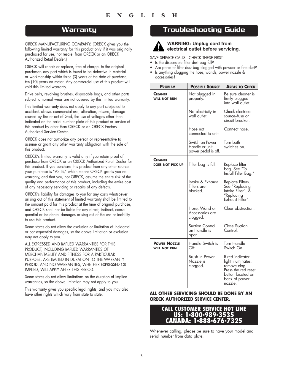 Roubleshooting, Uide, Arranty | Oreck DTX User Manual | Page 3 / 24