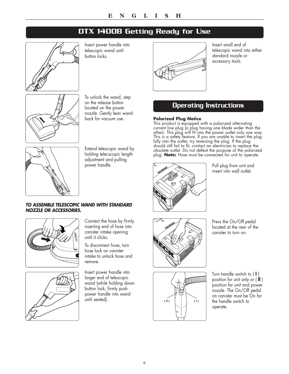 Dtx 1400b g, Etting, Eady for | Perating, Nstructions | Oreck DTX User Manual | Page 6 / 24