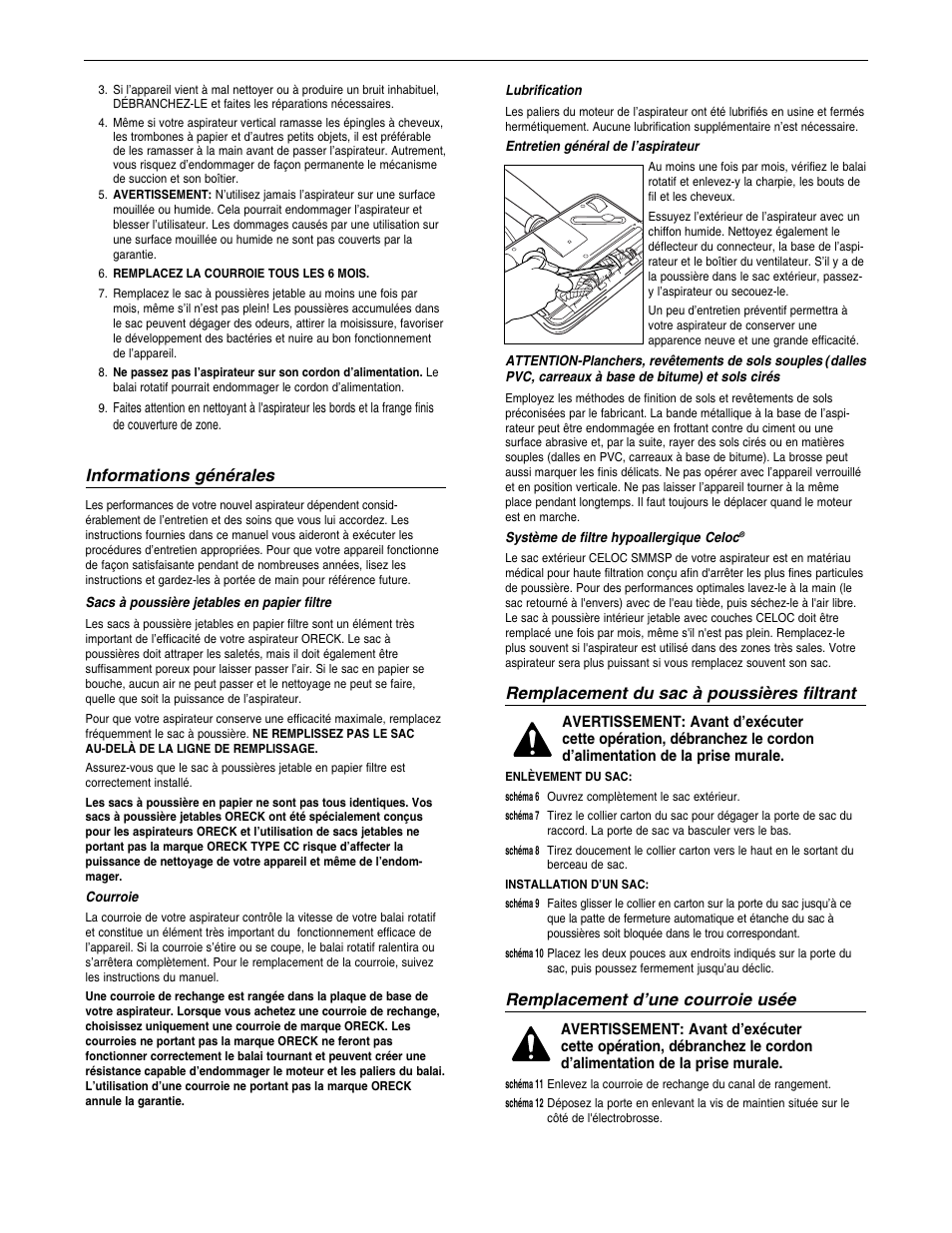 Informations générales, Remplacement du sac à poussières filtrant, Remplacement d’une courroie usée | Oreck U4140HH User Manual | Page 10 / 16