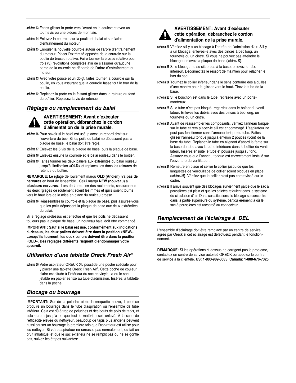 Réglage ou remplacement du balai, Utilisation d’une tablette oreck fresh air, Blocage ou bourrage | Remplacement de l'éclairage à del | Oreck U4140HH User Manual | Page 11 / 16