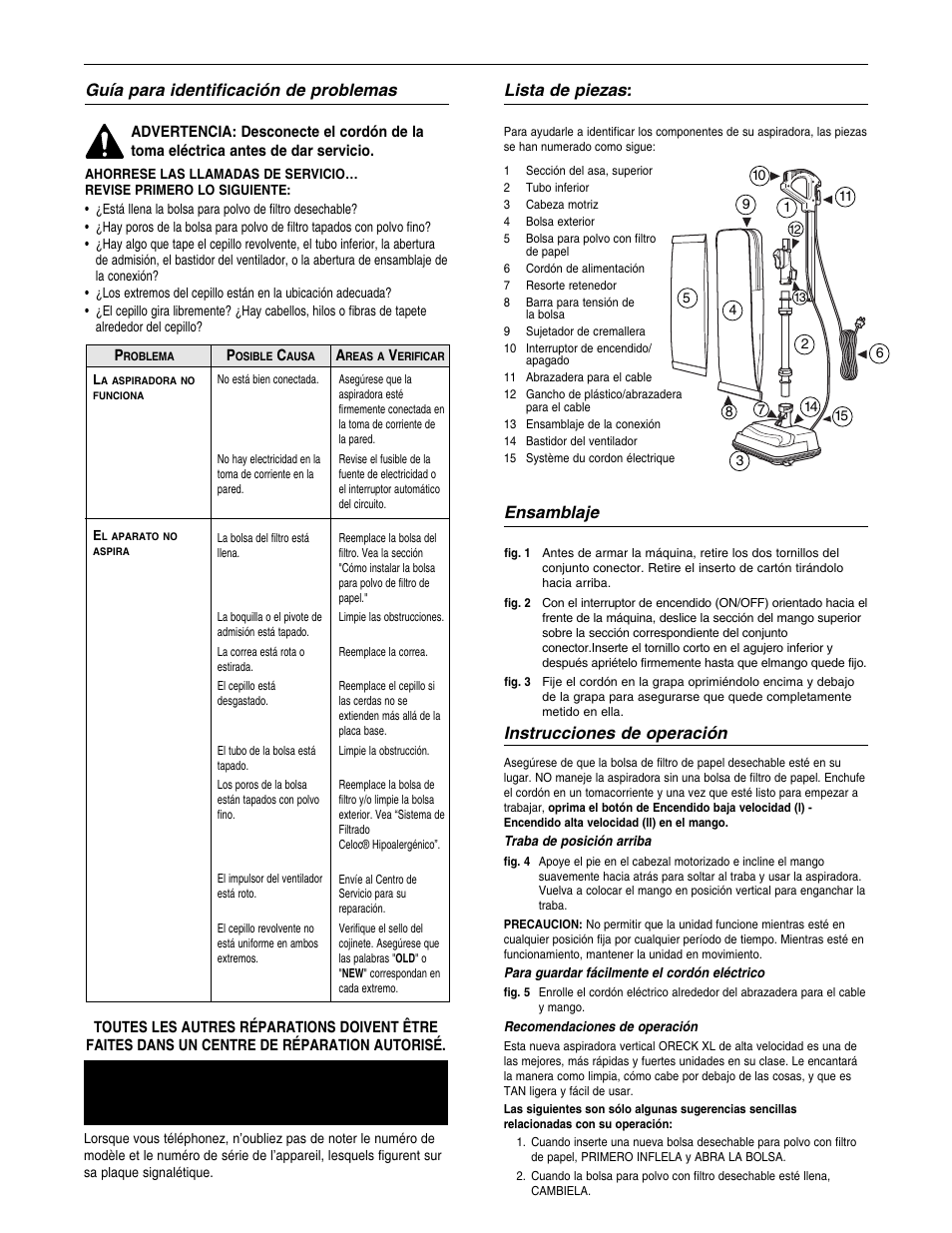 Guía para identificación de problemas, Lista de piezas, Ensamblaje | Instrucciones de operación | Oreck U4140HH User Manual | Page 14 / 16