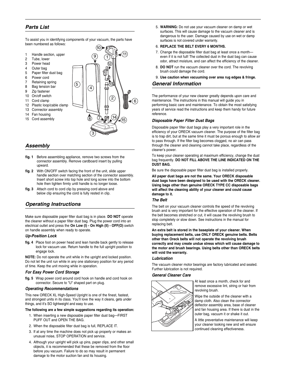 General information, Parts list, Assembly | Operating instructions | Oreck U4140HH User Manual | Page 5 / 16
