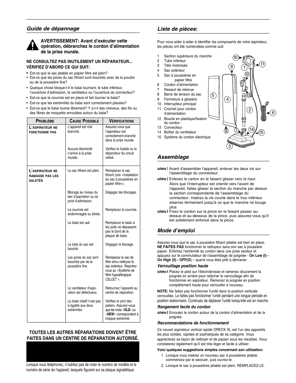 Guide de dépannage, Liste de pièces, Assemblage | Mode d’emploi | Oreck U4140HH User Manual | Page 9 / 16