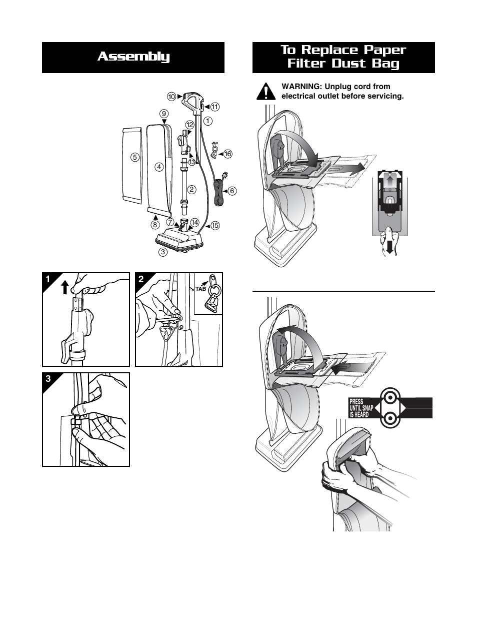 Assembly, Assembly to replace paper filter dust bag | Oreck XL U2505RH User Manual | Page 4 / 8