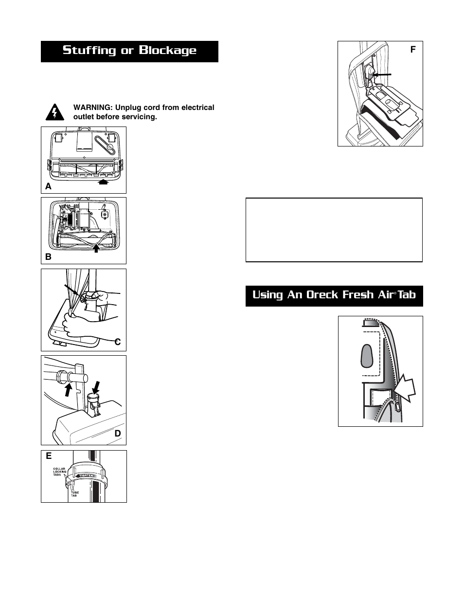 Using an oreck fresh air tab, Tuffing or, Lockage | Oreck XL U2505RH User Manual | Page 7 / 8