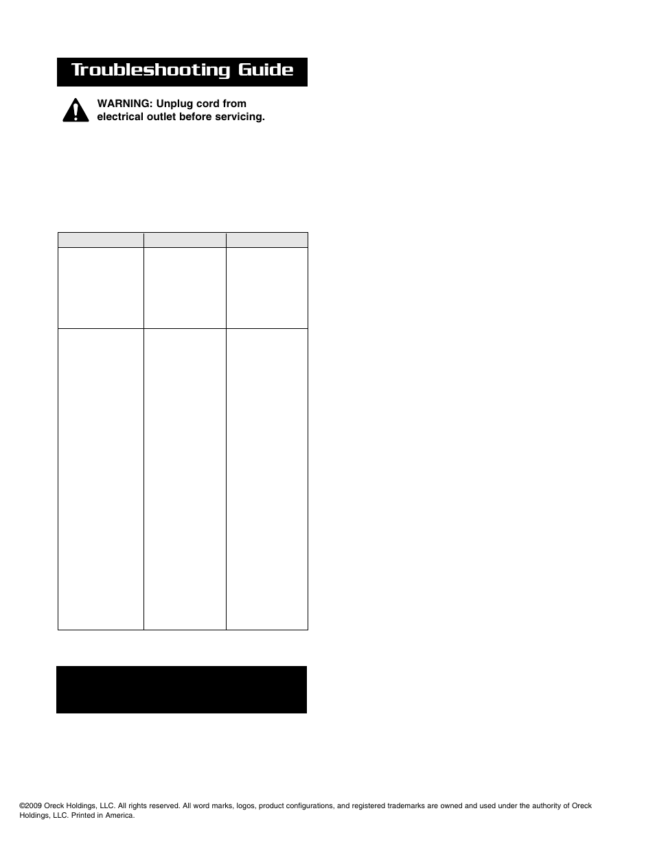 Troubleshooting guide, Call customer service hot line | Oreck XL U2505RH User Manual | Page 8 / 8