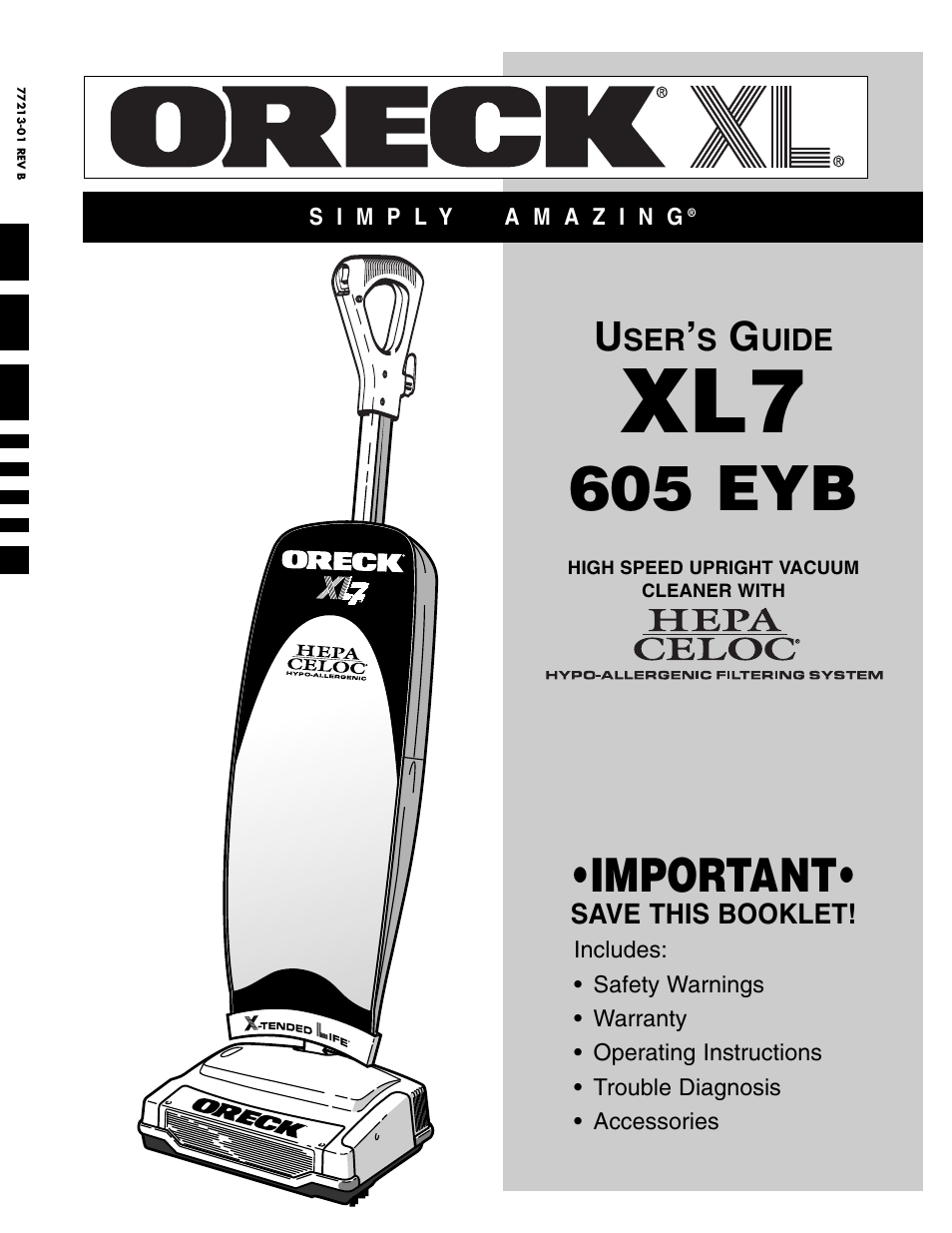 Oreck XL7 605 EYB User Manual | 8 pages